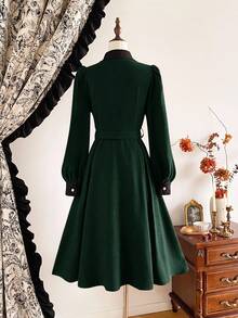 Vintamour 复古优雅女士连衣裙，带口袋腰带，撞色拼接蝴蝶结纽扣，休闲通勤度假长裙 - 墨綠色 - 查看 6