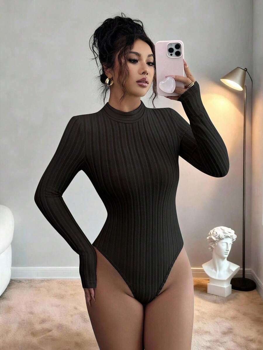 SHEIN Elenzya 女士标准尺码罗纹抓绒连体衣,秋冬季 - 黑色 - 查看 1