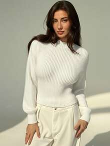 Aloruh Pulover vintage pentru femei cu guler înalt, mâneci tip liliac, talie strânsă, pulover gros tricotat, pentru toamnă/iarnă - alb - Vizualizare 4