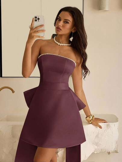 Vowa Elegant lyxig brudklänning med glamorös överdimensionerad rosett och pärlhalsband, lämplig för bröllop, möhippa, semestrar och galor