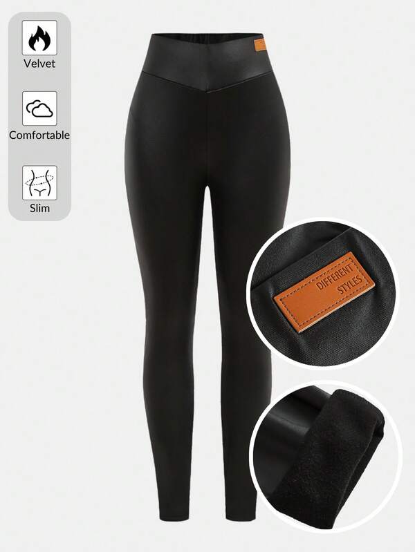 SHEIN Girlism Teen Girls Solid Color Simple Daily PU Plain Basic Casual Outdoor Leggings,Suitable For Spring, Autumn And Winter,Black Basic Yoga Solid Color Sports Leggings, Basic, Everyday, Versatile, Suitable For Various Sports Occasions, Back To School Season, College Style