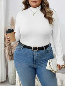 SHEIN CURVE+ Plus Solid Ribbed Slim Fit Mock Neck Knit Warmth Tee/Winter