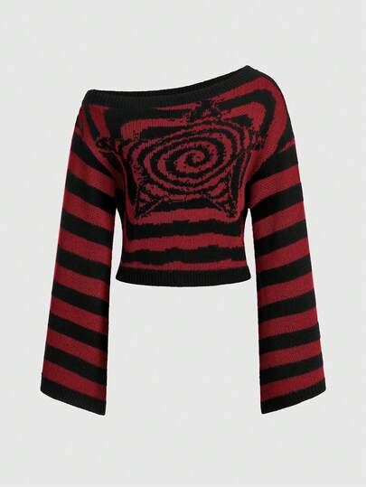 Grunge Punk Jersey de moda de manga larga con hombro asimétrico, con patrón de rayas y pentagrama para mujer