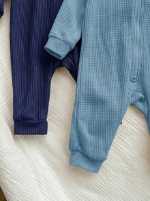 SHEIN Bộ 2 áo liền quần tay dài dệt kim màu trơn dễ thương cho bé gái sơ sinh, mùa thu/đông - Màu xanh hải quân - Xem 6