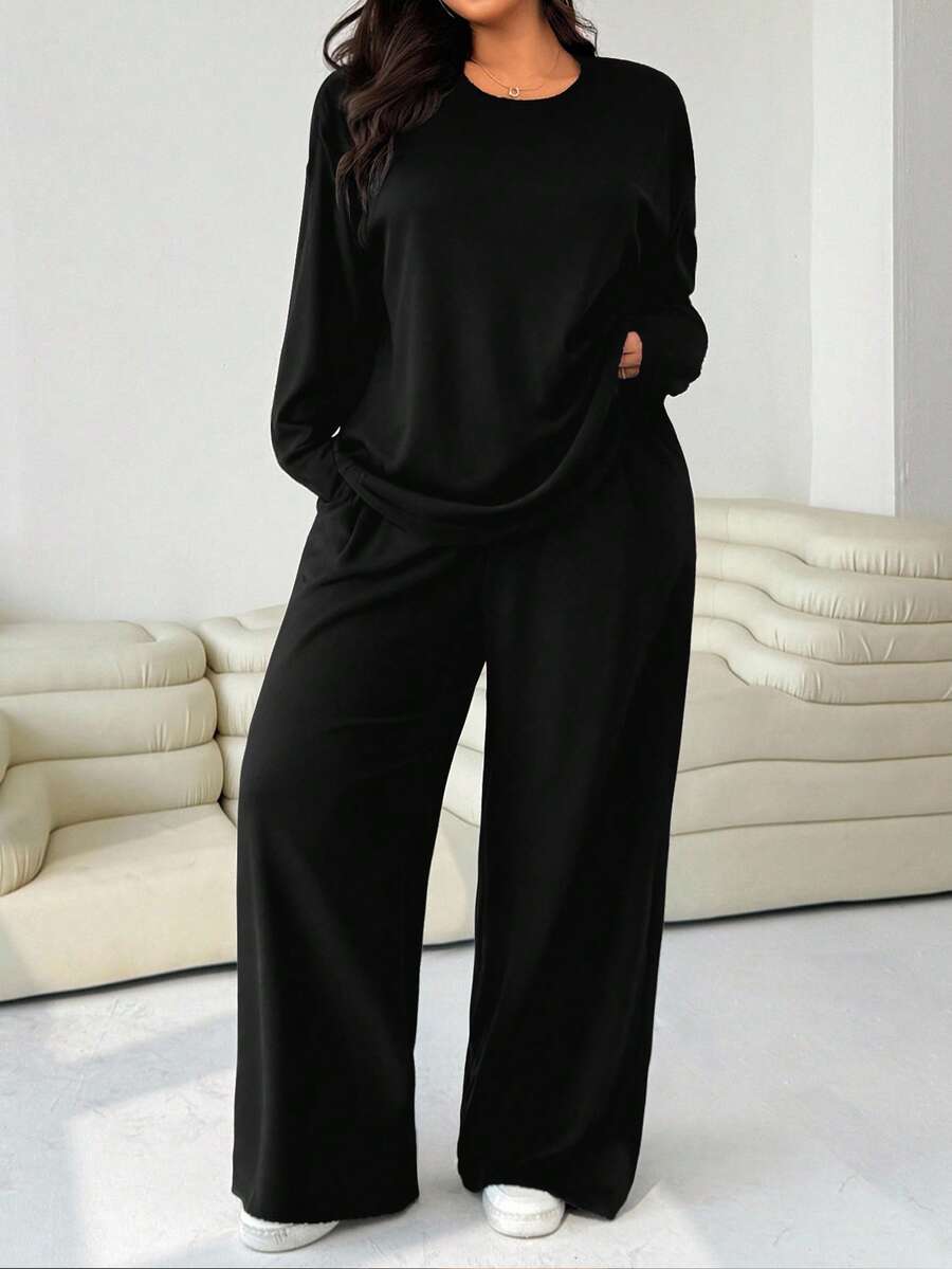 SHEIN EZwear Damen Große Größen 2 Stücke Set: Locker sitzendes Rundhals T-Shirt und gerade geschnittene Hose - Schwarz - Übersicht 1