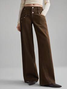 Ontre 女士秋冬休闲宽松直筒牛仔裤，带口袋，百搭实用，适合都市通勤，简约时尚。 - 棕色 - 查看 1