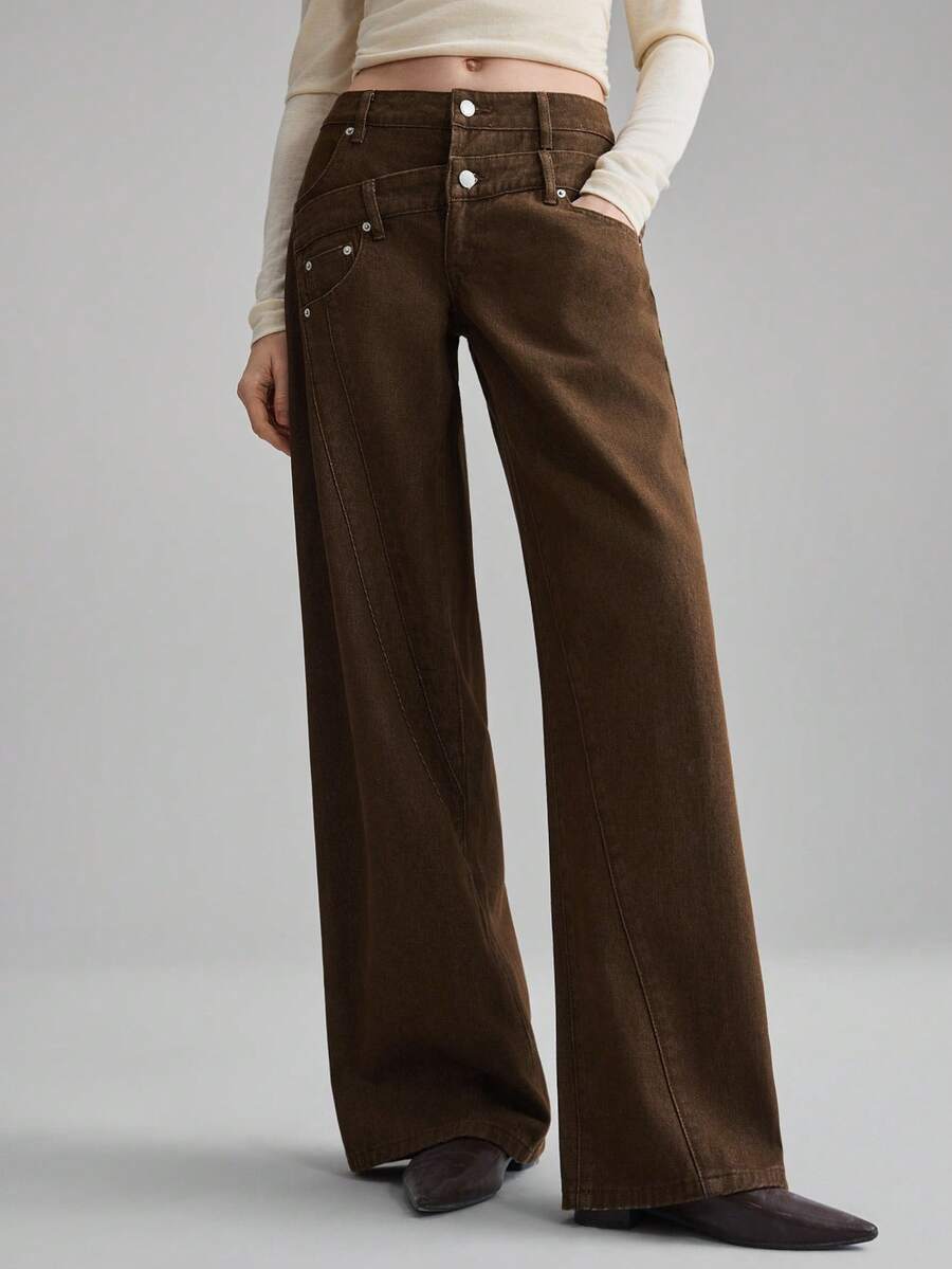 Ontre 女士秋冬休闲宽松直筒牛仔裤，带口袋，百搭实用，适合都市通勤，简约时尚。 - 棕色 - 查看 1