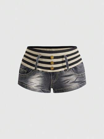 Grunge Punk Pantaloncini di jeans da donna a vita ultra bassa, a patchwork, a costine, in stile Y2K