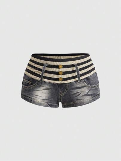 Grunge Punk Pantaloncini di jeans da donna a vita ultra bassa, a patchwork, a costine, in stile Y2K