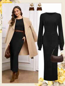 Ellevyn Elegant Solid Color Lantern Sleeve Fitted Knit Dress, Autumn/Winter - Black - View 7