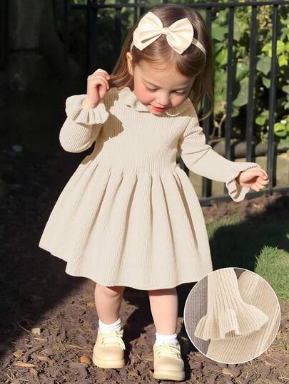 SHEIN Babygirl Solid Color Knitted Long Sleeve Dress, Autumn/Winter