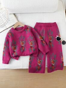 SHEIN 女童印花圆领长袖毛衣和针织裤休闲套装，秋冬款 - 酒紅色 - 查看 1