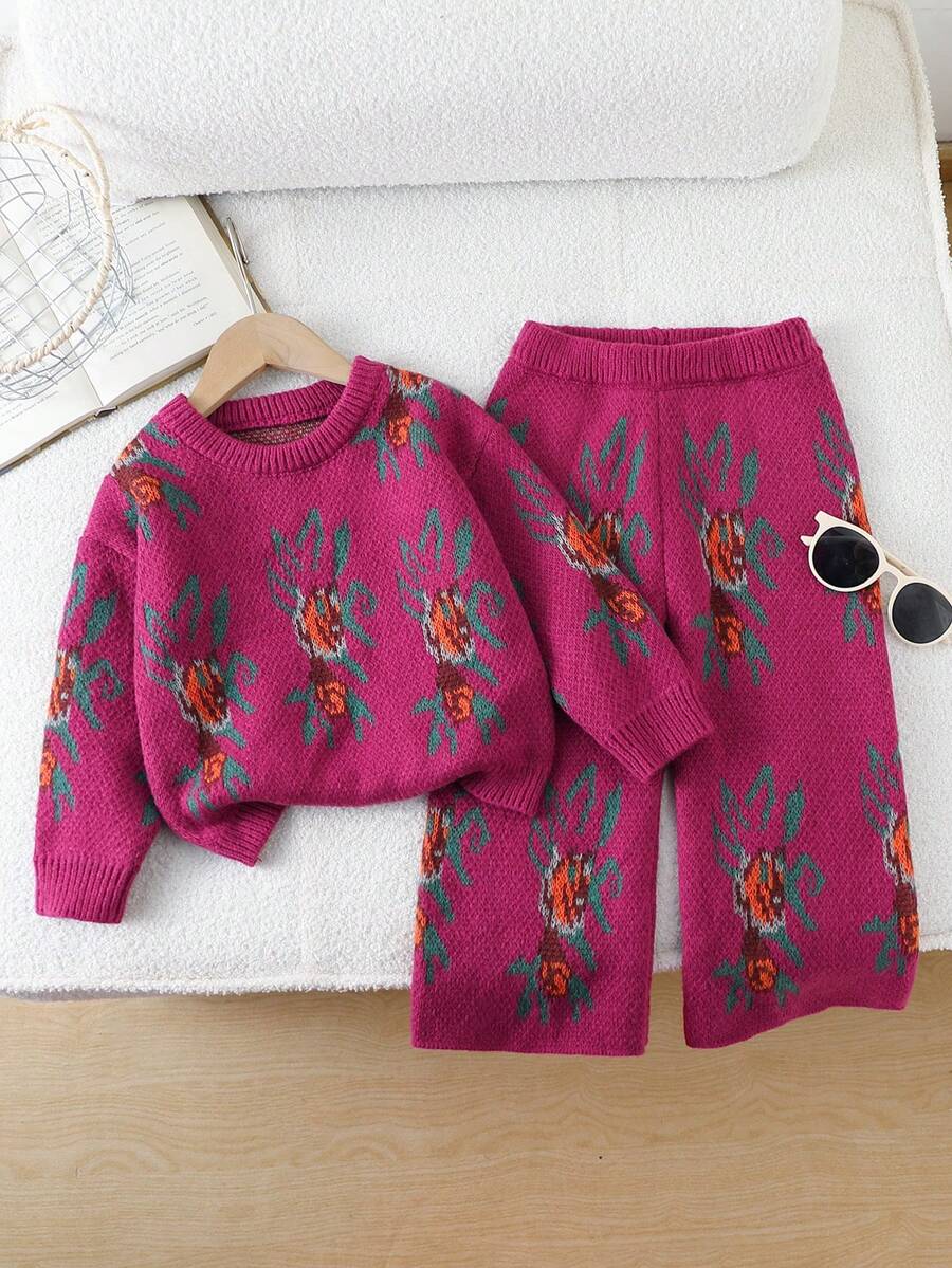 SHEIN 女童印花圆领长袖毛衣和针织裤休闲套装，秋冬款 - 酒紅色 - 查看 1