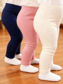 SHEIN Playful Pals 3 件套女婴百搭休闲纯色弹力打底裤、裤子、紧身裤、婴儿下装、婴儿裤子套装、针织 CorBaby GirlGirls 打底裤，适合春季、夏季、秋季、冬季 - 彩色 - 查看 11