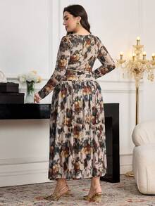 Modelyn Plus Size Women's Oblique Collar Long Sleeve Ruffle Bowknot A-Line Waist Tie Belted Slim Fit Casual Elegant Maxi Dress, Suitable For Office, Airport, Commute, Family Gathering, Party, Business Attire - Multicolor - View 2