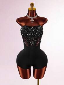 Amplova Bộ đồ liền thân mini hở lưng đính sequin và hạt cườm gợi cảm cho bữa tiệc - màu đen - Xem 3