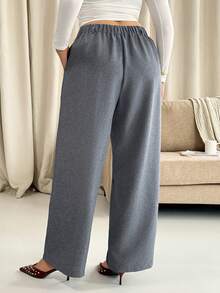 Vionelle Plus Size Women Elegant Plain Grey Floral Print Wide Leg Pants High Waist Office Everyday Autumn Pants,Oversized Tall Loose Pants - Dark Grey - View 2