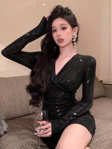 DAZY Đầm đen ngắn cổ chữ V đính sequin, đầm dự tiệc cocktail gợi cảm, đầm dạ hội sang trọng thu/xuân & hè, đầm thanh lịch cho nữ, đầm đêm giao thừa, đầm lễ tình nhân, đầm lấp lánh - màu đen - Xem 6