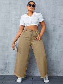 SHEIN SXY 大码纯色休闲宽松裤 - 卡其色 - 查看 4