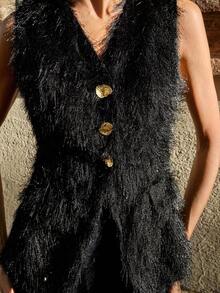 Maija Women's Autumn/Winter Metal Single-Breasted Furry Vest, Regular Jacket Black Vest Women Feather Vest Button Vest - Black - View 2