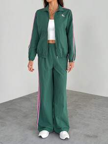 SHEIN Tall 女士两件套梭织撞色条纹外套和裤子运动套装 女士休闲运动服两件套 - 綠色 - 查看 11