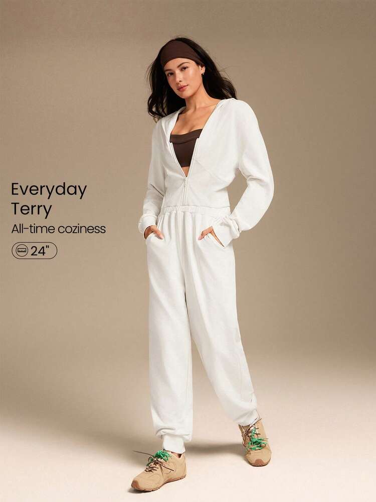 Tuta con cappuccio con chiusura lampo, vita a costine, orlo, tasche laterali, per uso quotidiano, casual, adatta per autunno e inverno, lunghezza 24 pollici