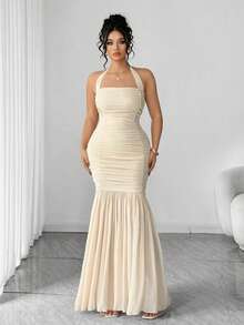 Elenzga 大码女式复古法式秋季针织弹力网纱腰部褶皱修身长裙，适合秋冬季节、返校季、毕业典礼、情人节、圣诞节、音乐节、母亲节、万圣节、感恩节、复活节、国庆节、舞会、约会派对、婚礼季、返校季、户外活动等场合。 - 杏色 - 查看 4