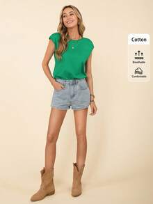 Coeurva Women's Solid Color Round Neck Batwing Short Sleeve T-Shirt