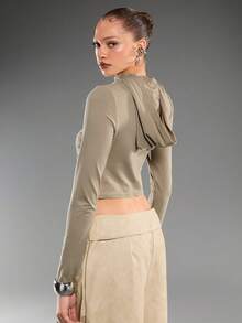 Normani Women's Solid Color Long Sleeve Fitted Cropped Hoodie, Olive Green, Autumn, Street Style, Everyday, Party Birthday Winter For Women - Khaki - View 2