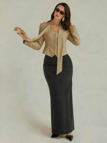 Modelyn Casual Minimalist Commuting Fashion Elegant Shoulder Pad Tie-Up White Blazer - Khaki - View 3