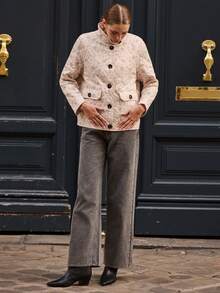 lacRébo Cream Quilted Floral Print Jacket With Button Front And Flap Pockets Cosy Style Autumn Winter Warm Jacket Going Out Outfits - Multicolor - View 2