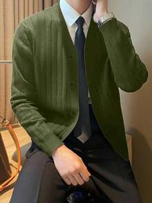 Calvornis Cardigan de manga larga con cuello en V acanalado y botones delanteros de unicolor para hombre - Verde militar - Ver 3