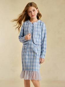 Sparklyn 2pcs/Set Tween Girls Plaid Jacket And Mesh Inset A-Line Dress Outfit, Autumn/Winter - Multicolor - View 3