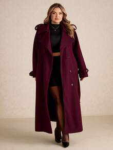 SHEIN CURVE+ 大码女式酒红色长袖简约前开襟纽扣长款外套，休闲日常复古酒红色长款羊毛外套，冬季保暖加厚镂空设计，适合感恩节、万圣节、圣诞节、秋季等各种场合穿着。 - 酒紅色 - 查看 4