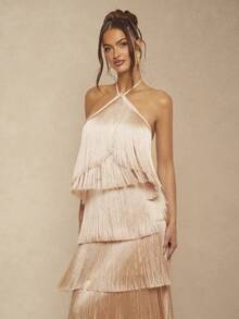 Silquee Đầm hở lưng màu trơn tua rua dây mảnh thời trang thanh lịch không tay hở lưng - Màu be - Xem 7