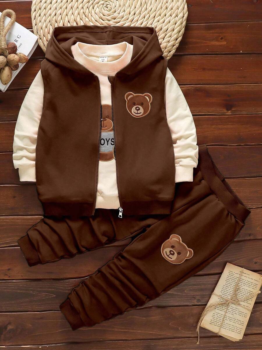 SHEIN 3 件套幼儿男童休闲熊连帽运动衫套装，秋季 - 彩色 - 查看 1