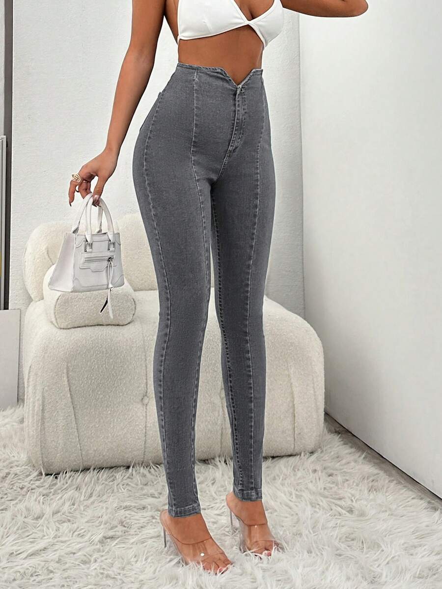 SHEIN Tall Tall High Waist Detailed Skinny Jean - Grey - View 1