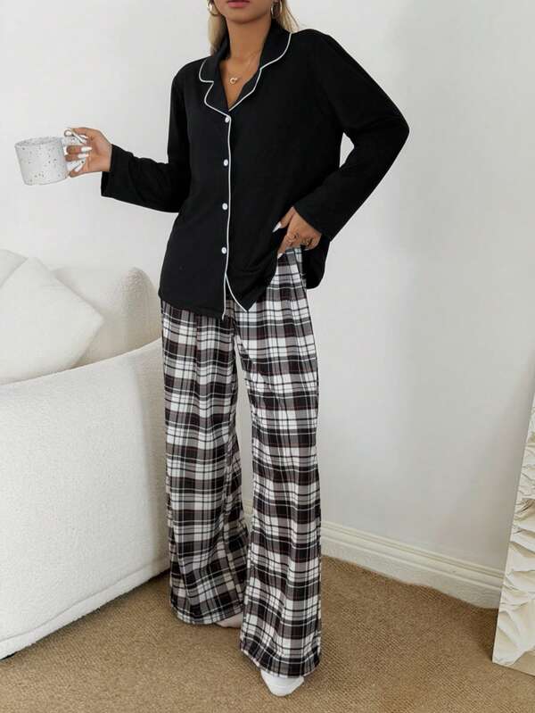 Dream Adore Conjunto de pijama a cuadros con cuello y decoración de botones para mujer de Doze Lane