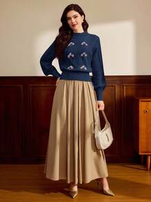 Vintamour 女士纯色刺绣圆领休闲毛衣 - 藍色 - 查看 4