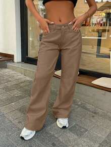 EURMUSE Quần jean trắng cạp thấp ống rộng 100% cotton - Màu nâu  Mocha - Xem 6