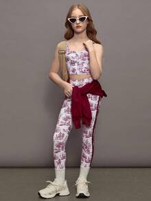 SHEIN Tween Girls Sketchy Print Tank Top & Leggings Set, High Stretch Fitted Racerback Tank With Pleated Bust Detail Paired With Skinny Leggings, Suitable For Fitness, Cycling, Jogging, Sports, And Casual Wear - White - View 3