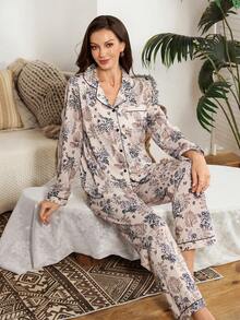 Serenescape 女士度假风印花长袖领睡衣套装 - 彩色 - 查看 5