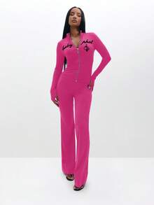 BABYPHAT Long Sleeve Zip Up Top With Text Print And Full Length Wide Leg Design - Hot Pink - View 2