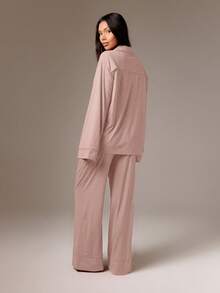 AiiRZ Ensemble de pyjama à boutons doux, haut à manches longues avec col, pantalon à jambes larges. Vêtements de nuit et de détente - Camel - Voir 2