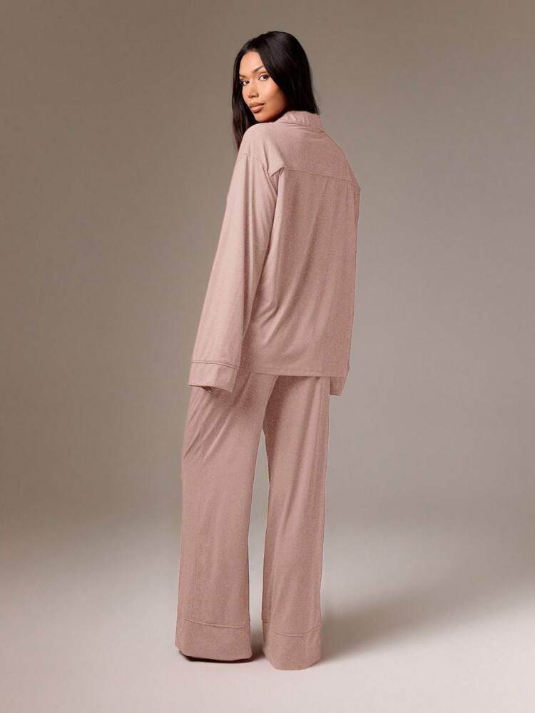 Button Front Pajama Set With Long Sleeves