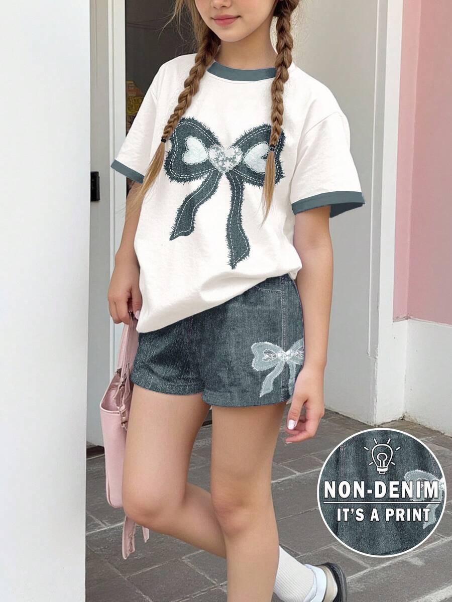 SHEIN Leap Crew 两件套少女休闲蕾丝拼接蝴蝶结装饰浅蓝色短袖圆领T恤和短裤套装,清凉夏季 - 彩色 - 查看 1
