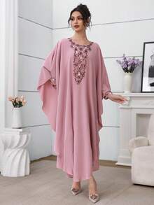 Al Najma Women's Loose Fit Beaded Collar Floral Long Robe Dress, Pink - Pink - View 5