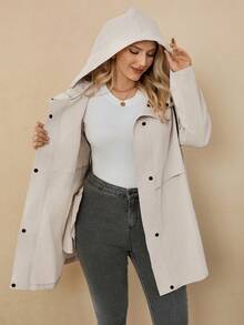 Rosumi Plus Size Women's Solid Color Long Sleeve Single-Breasted Casual Hooded Trench Coat, Casual Minimalist Style For Everyday Wear,Going Out, Hooded Long Coat For Women, Women Trench Coat With Hood,Fall Clothes For Women