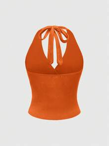 ROMWE Grunge Punk Spring/SummercasualY2K Women's Solid Color Pleated Fitted Halter Neck Camisole - Orange - View 2