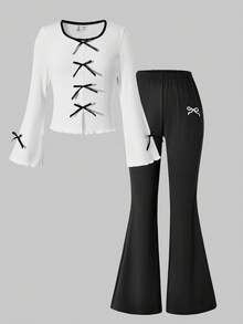 SHEIN Tween Girl Black And White Y2k Back-To-School 2Pcs Set,Contrast Bow Tie Bell Sleeve Long Sleeve T-Shirt Slim Fit Top And Embroidered Bell Pants,Autumn - Black and White - View 3